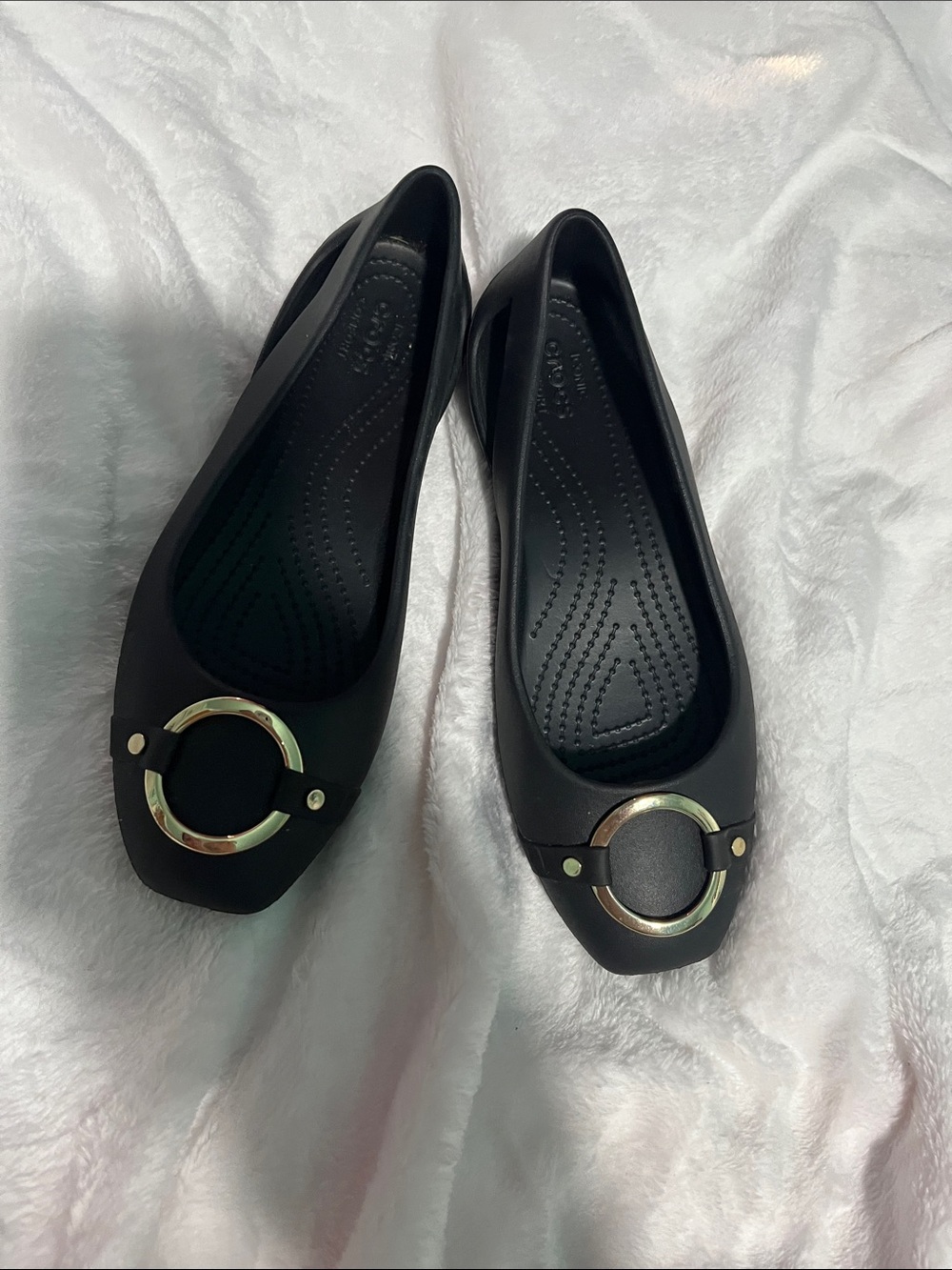 Black Women's Flat Slip-On Shoes with Gold Ring Accent